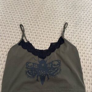 Olive Green Cami with Black Lace and Graphic